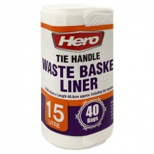Hero Tie Handle Waste Basket Liner 15 Litres 40 per pack