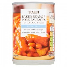 Tesco Baked Beans and Pork Sausages In Tomato Sauce 395g.